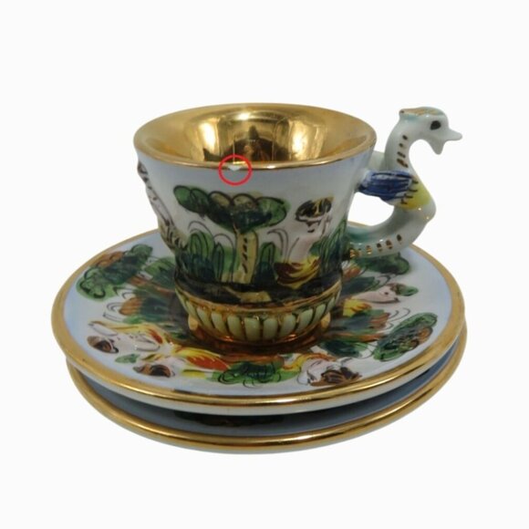Cherubs CAPODIMONTE Demitasse CUP with Swan Handle and 2 Saucers Italy Vintage - Picture 3 of 11